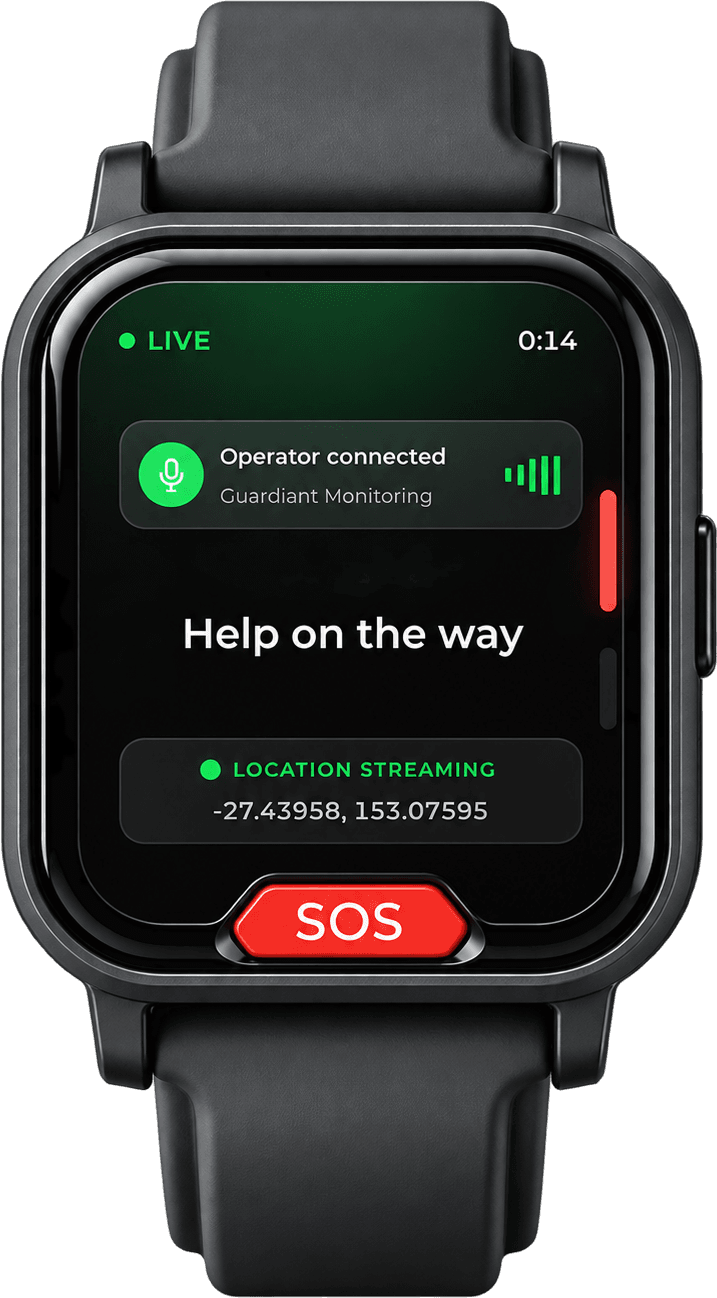 A black Guardiant 4G Safety Watch showing an active SOS call with operator connected and live location streaming