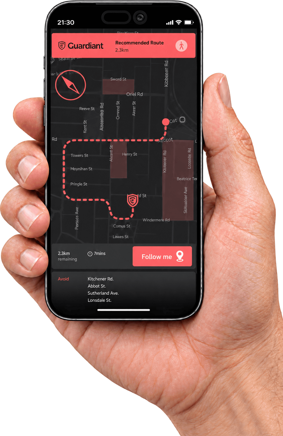 A hand holding a phone displaying the full Guardiant app screen with a live Follow Me recommended route on the map