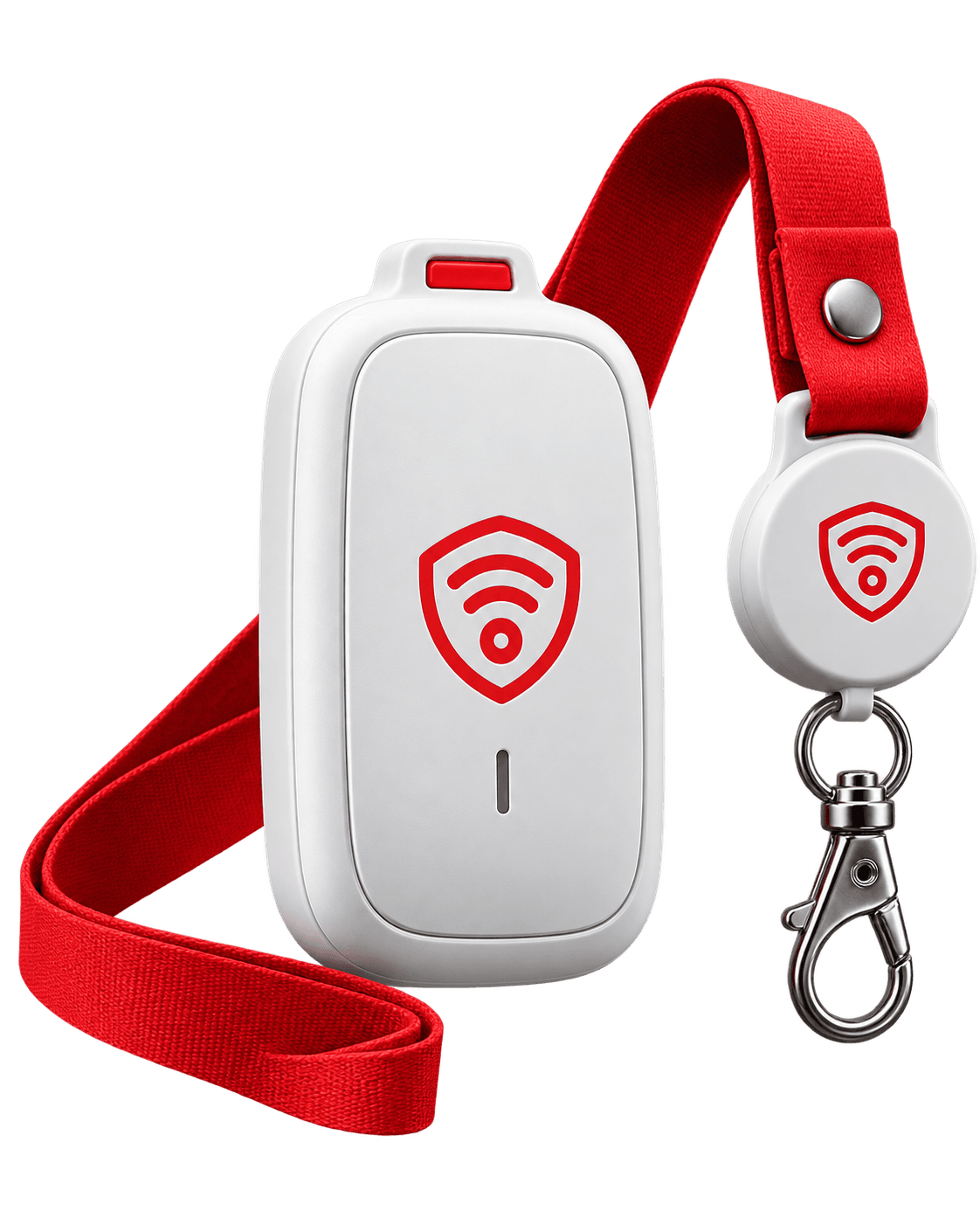 The white Guardiant Overwatch device with its red lanyard and retractable clip badge