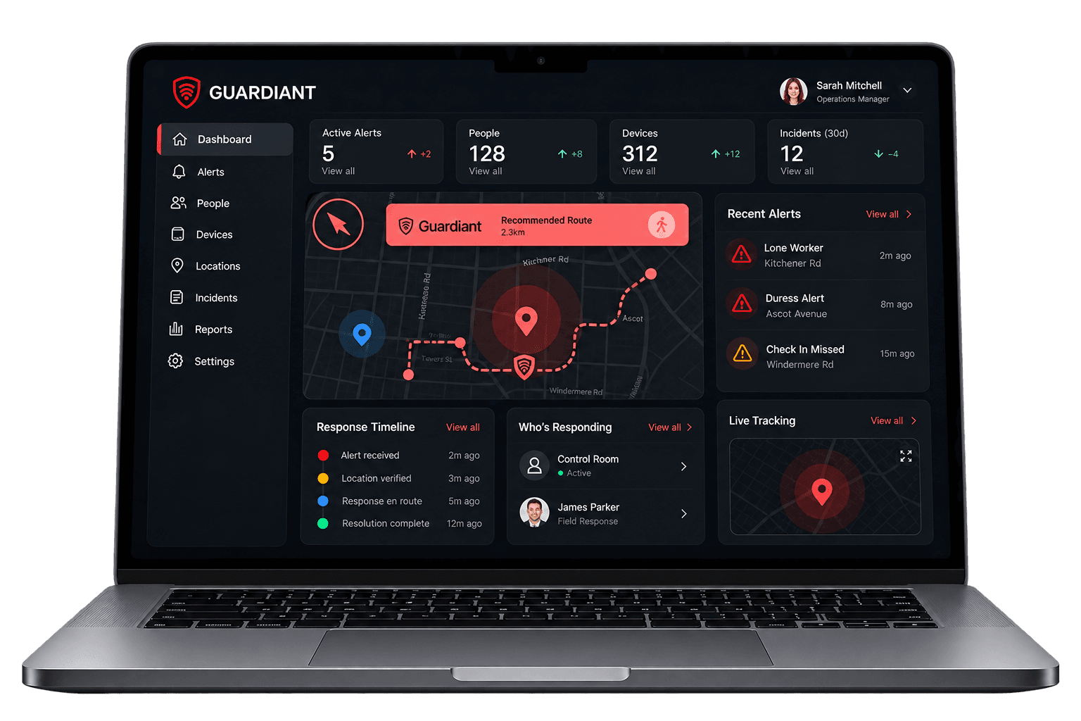 A laptop displaying the Guardiant Portal dashboard with a live device map, alerts, and response tracking