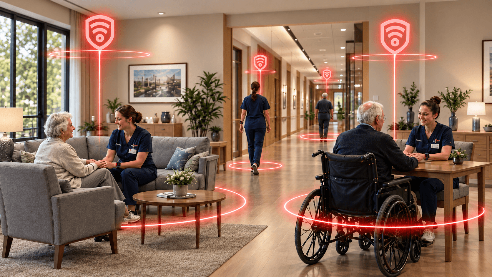 Care workers and older residents in a naturally coloured residence, with coral coverage rings around the seated groups and two people walking down the corridor