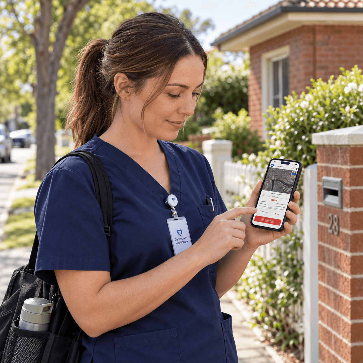 Community health worker checking the app between home visits