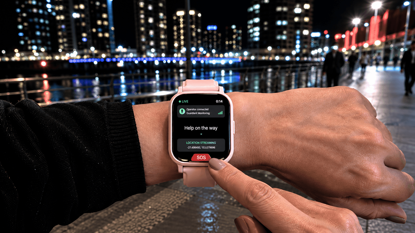 A person activating help from their wrist