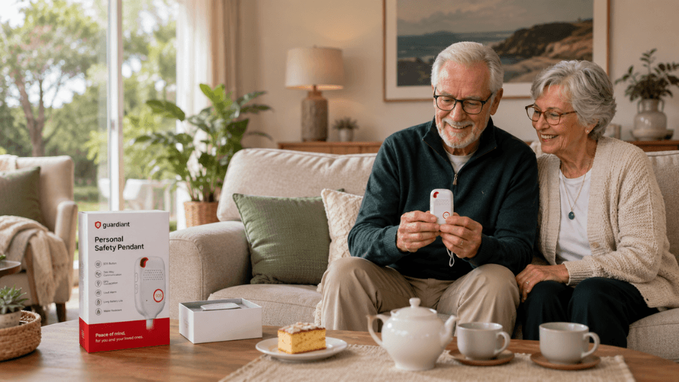 An older couple at home with a personal safety pendant