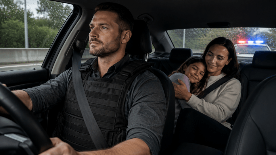 A responder driving a mother and daughter to safety