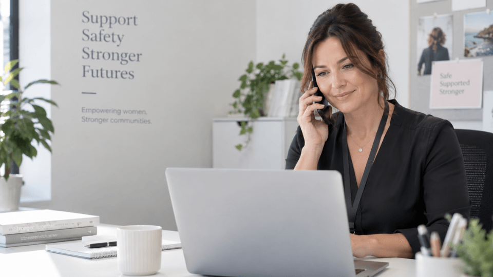 A support organisation caseworker at her desk
