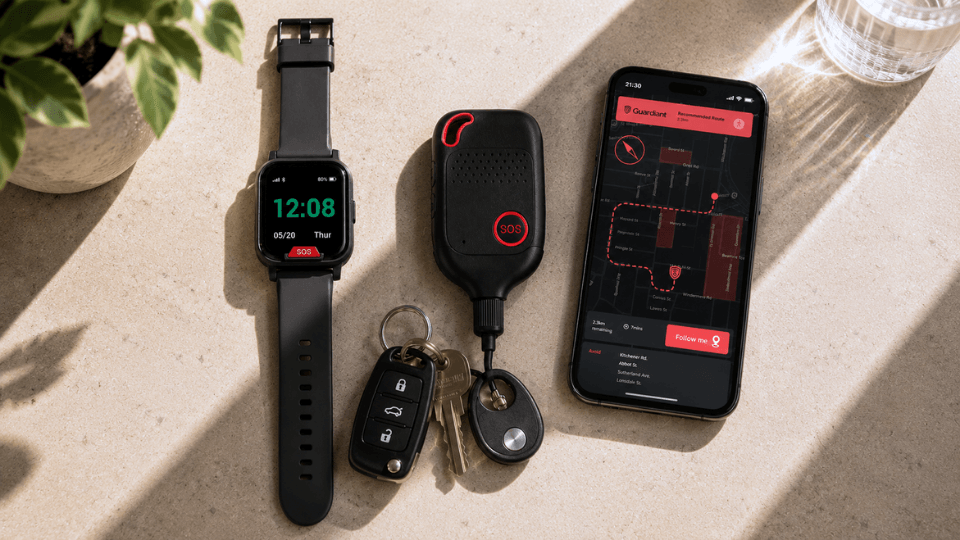 Guardiant watch, pendant and app alongside everyday personal belongings