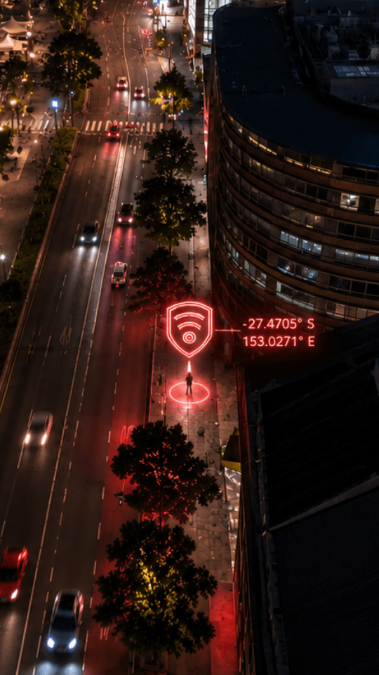Aerial night view of a city street with a glowing location marker pinpointing an alert