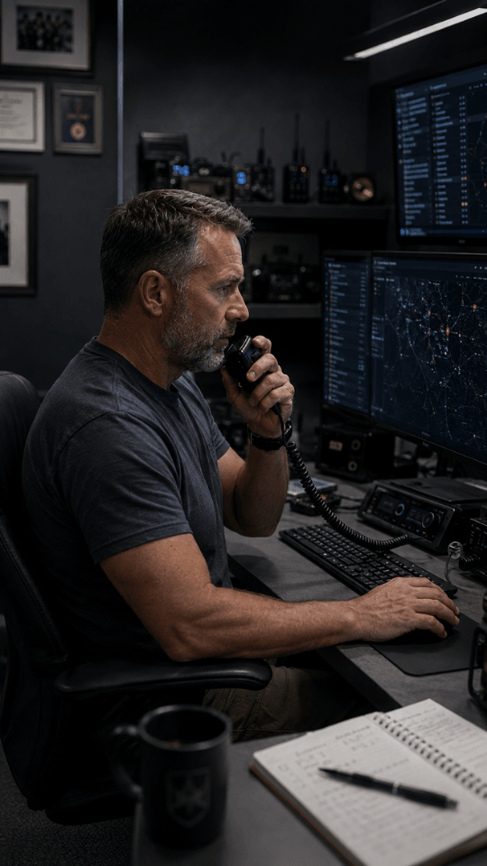 A monitoring operator speaking on a two-way radio in front of dispatch screens