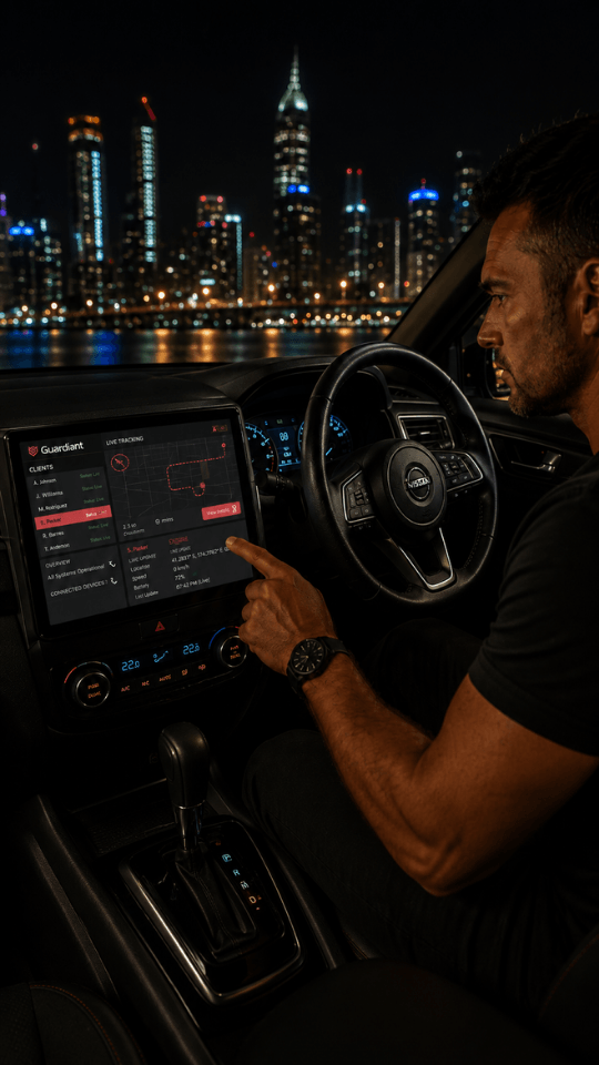A responder viewing live tracking on an in-vehicle display at night