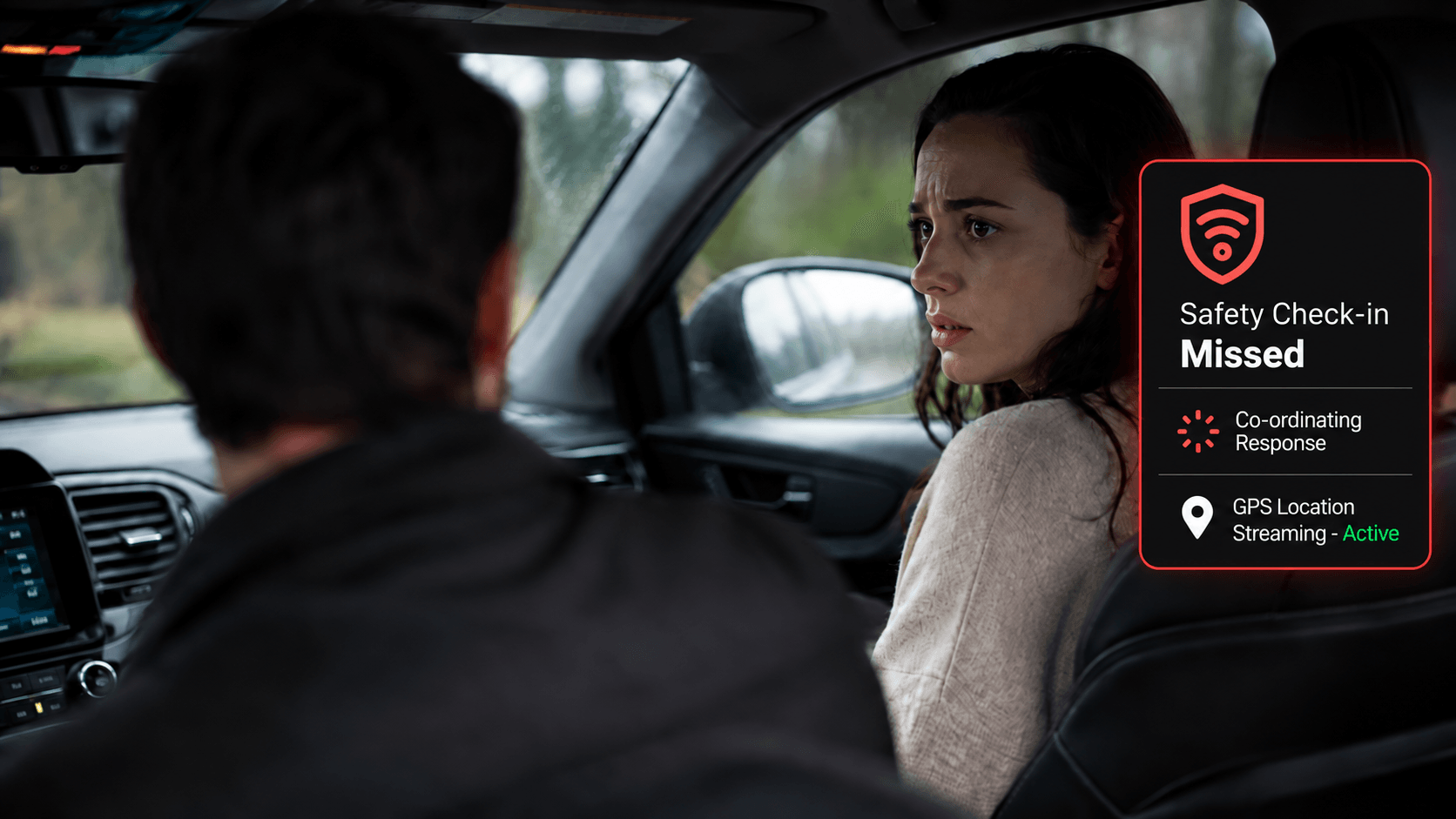A woman in a car with a safety check-in alert overlay