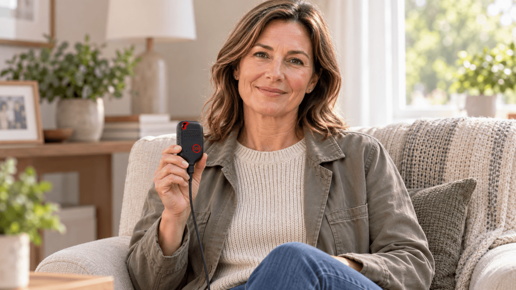 Woman seated at home holding the wired Safety Pendant