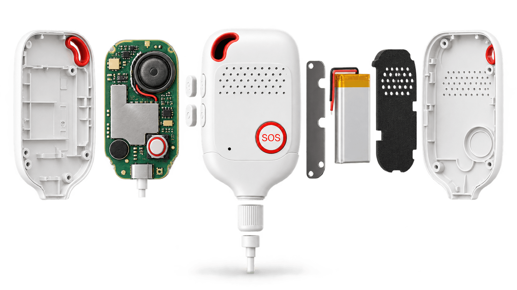 Exploded view of the white Safety Pendant, showing its casing, circuit board, speaker and battery
