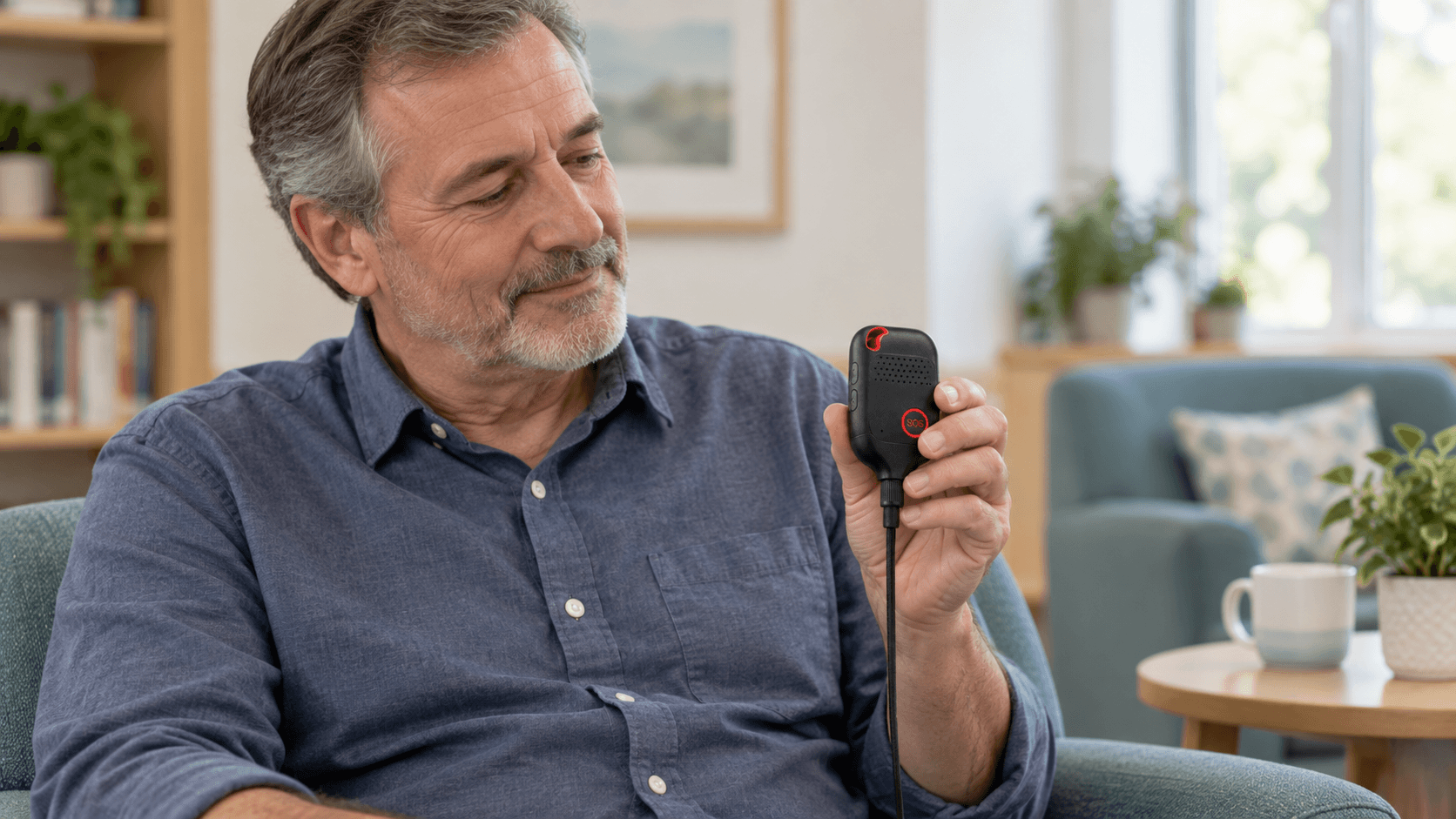 Man seated in a lounge holding the wired Safety Pendant