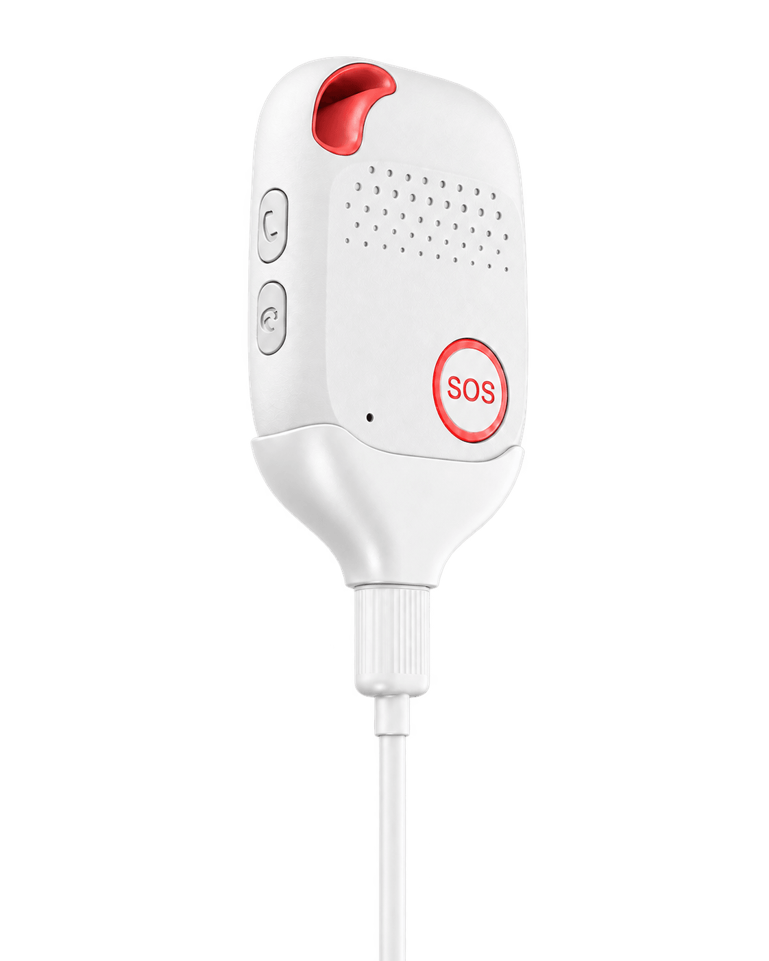 White Safety Pendant with its white charging cradle and cable