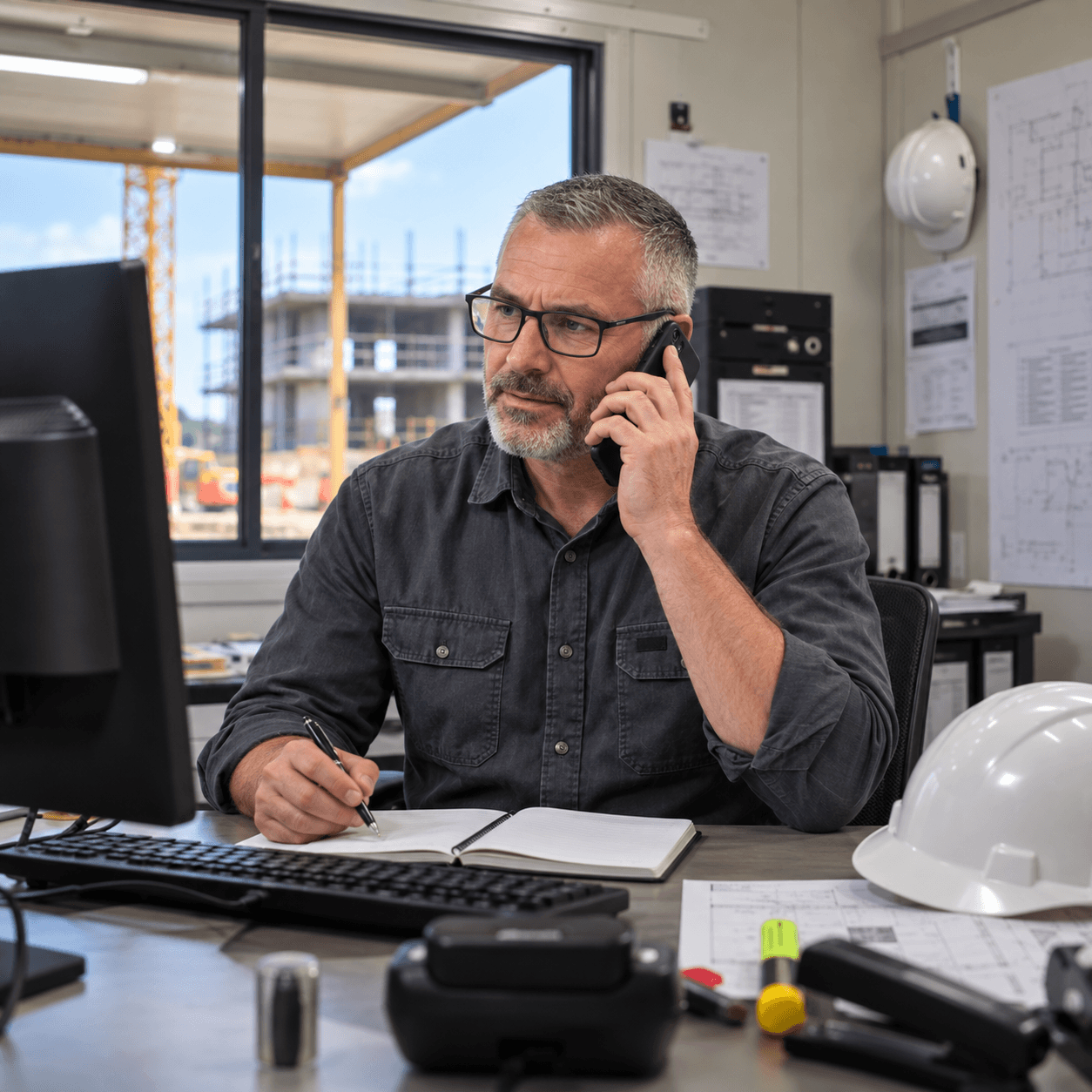 A site manager speaking on a phone while coordinating work from his office