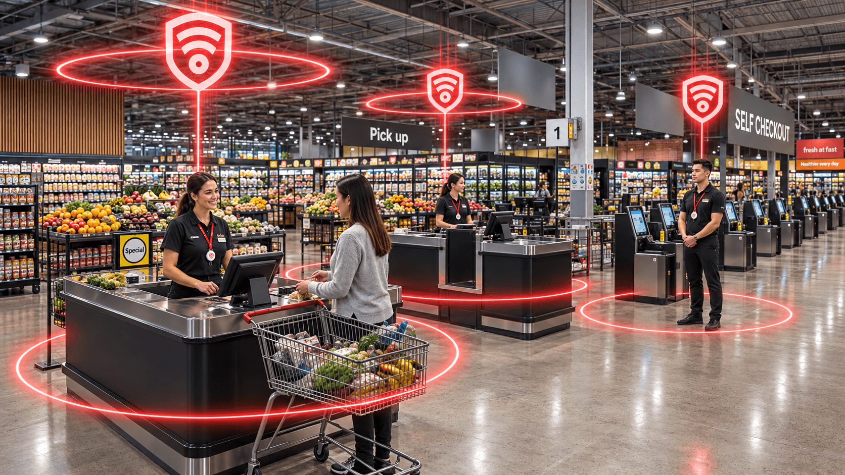 Three supermarket staff wearing Guardiant Overwatch lanyards, with connected coverage around their checkout areas