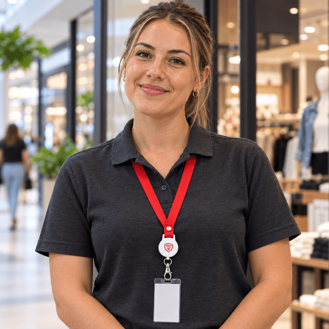 A retail staff member wearing the round Guardiant Overwatch activator on a red lanyard in a shopping centre