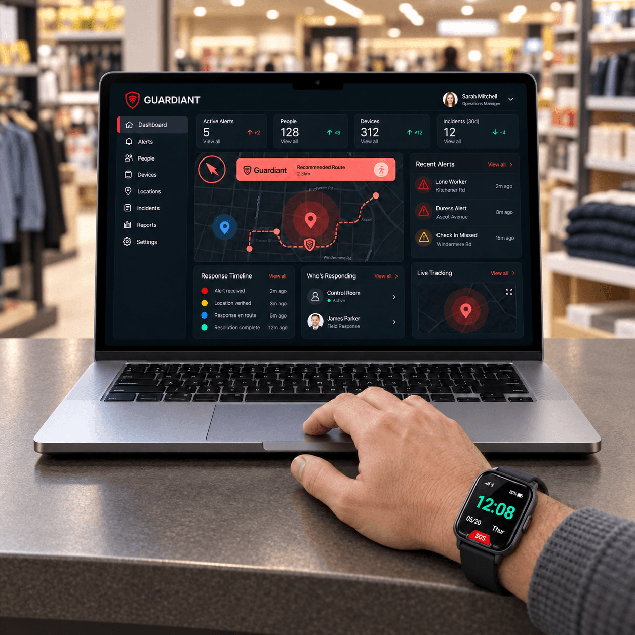 A retail team member wearing a Guardiant watch uses the Portal laptop at a store counter