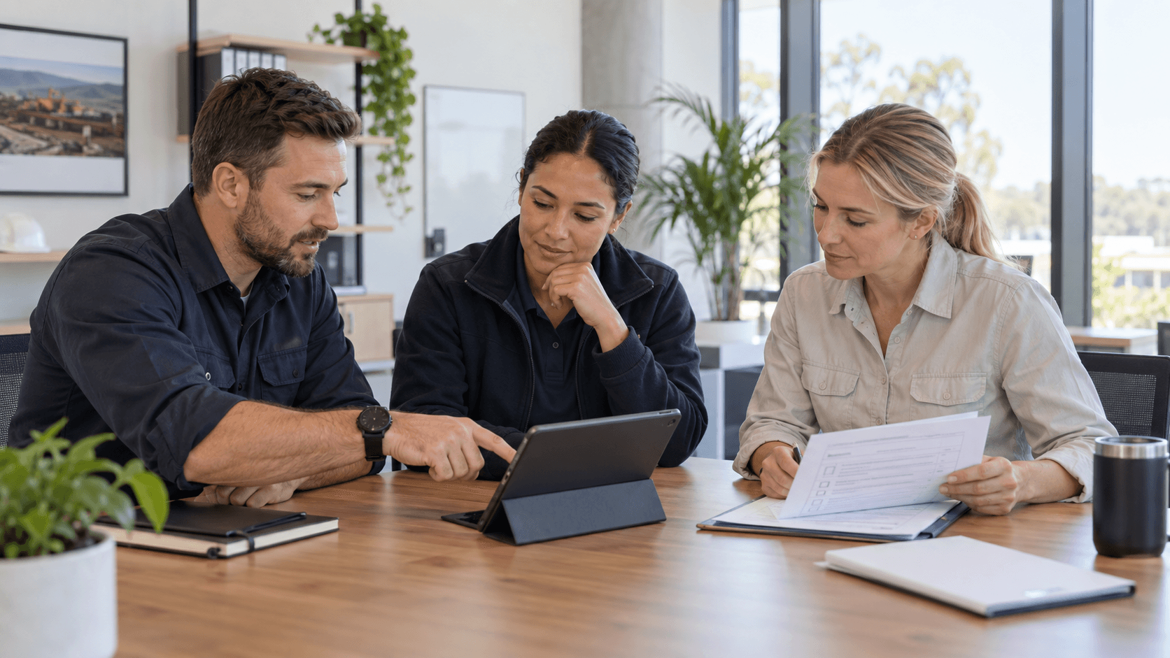 Workplace colleagues reviewing a safety procedure together with a tablet and checklist