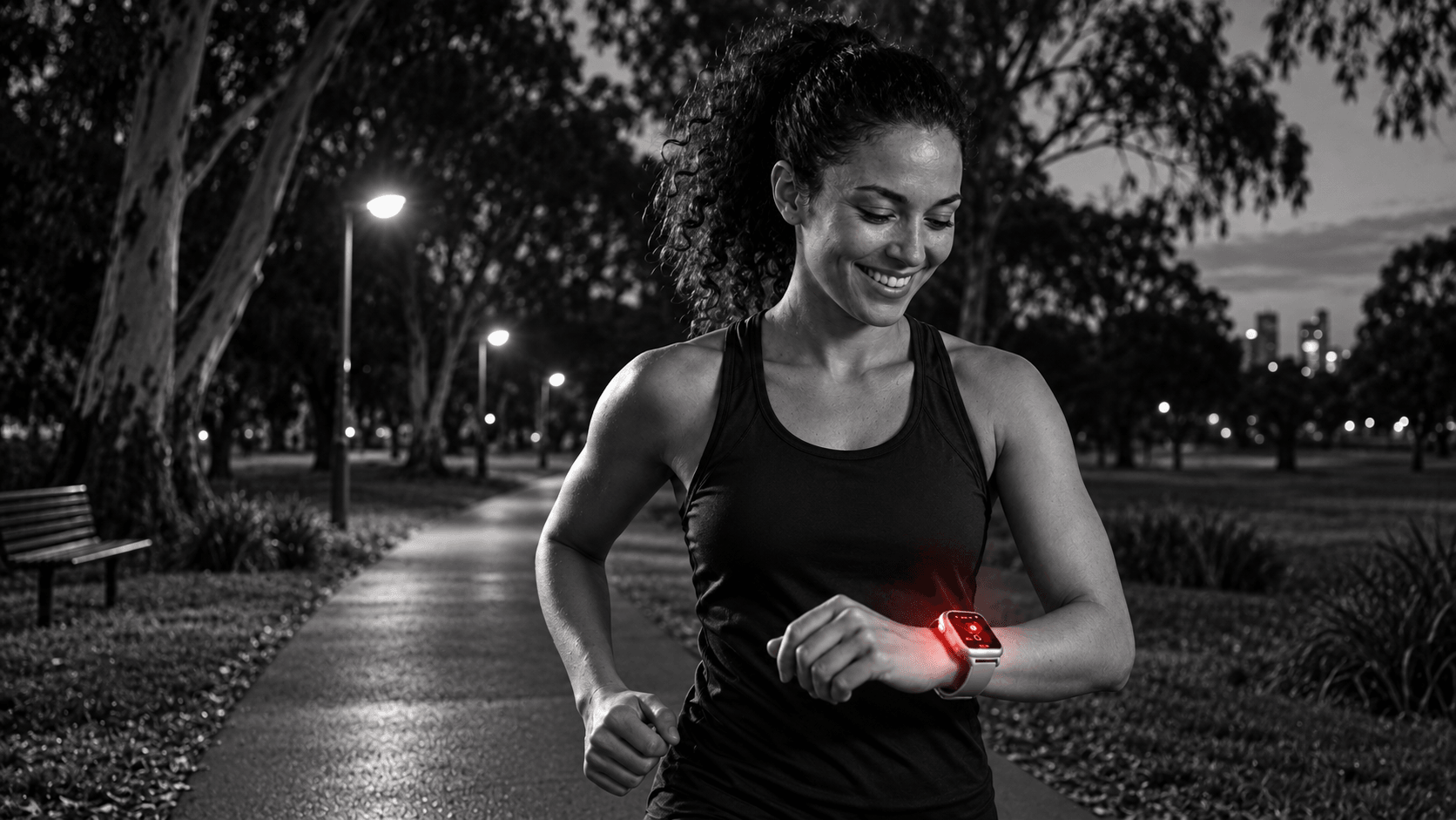 A woman running in a park at dusk while checking her glowing Guardiant watch