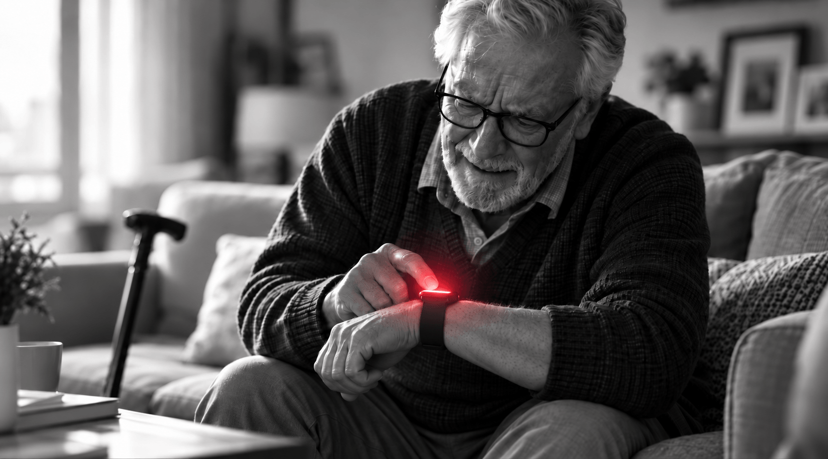 An older man at home checking the Guardiant watch on his wrist