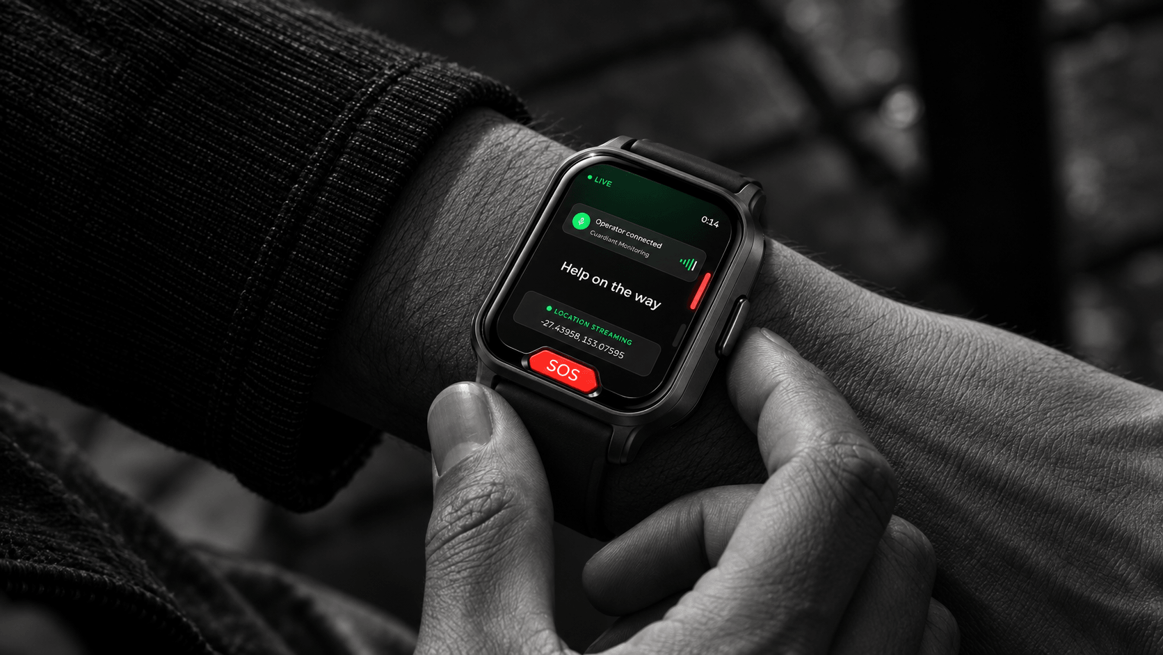 A lone worker checking the Guardiant watch on their wrist, screen showing an operator connected and Help on the way