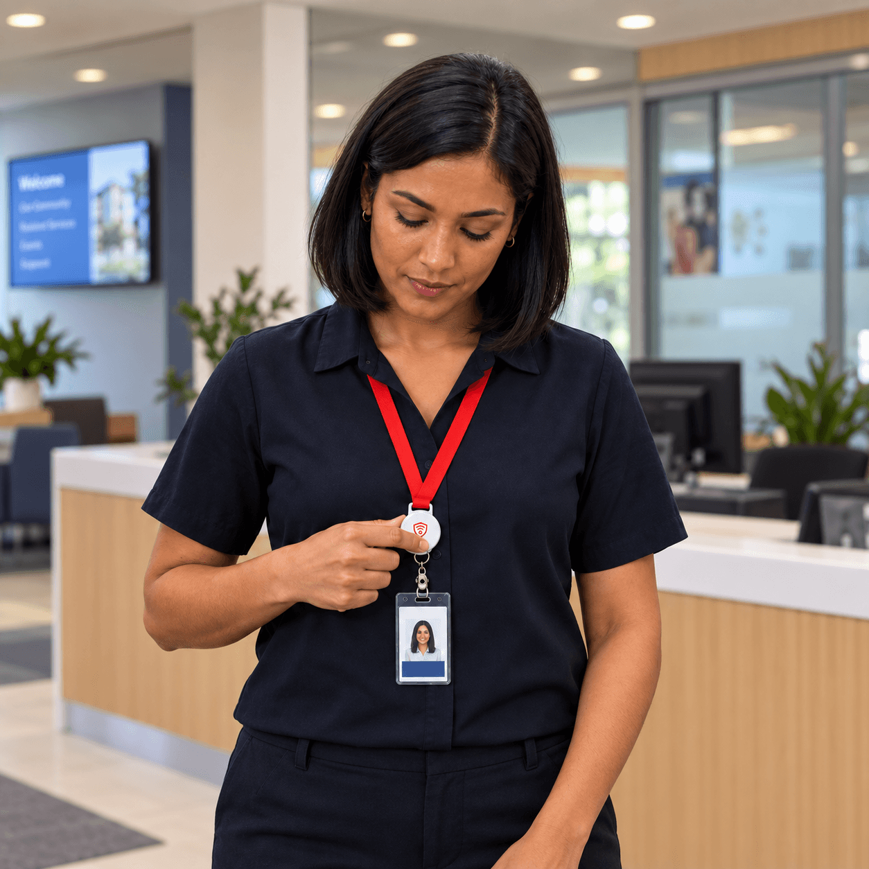 A receptionist discreetly pressing the round Guardiant Overwatch activator on her lanyard