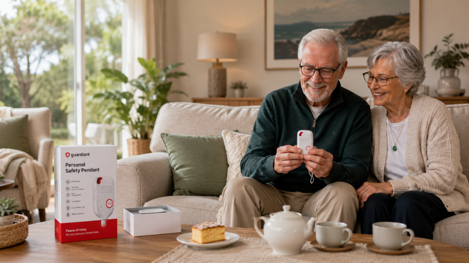 Older couple at home using a Guardiant Safety Pendant