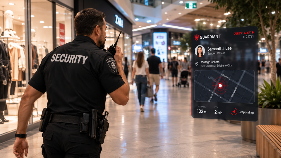 A security officer responding on-site in a shopping mall with live duress alert details overlaid