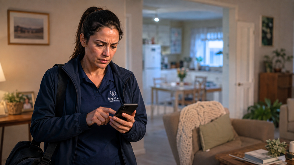 A field worker checking her phone between visits
