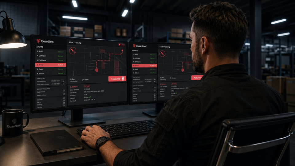 A monitoring operator tracking live alerts across two screens
