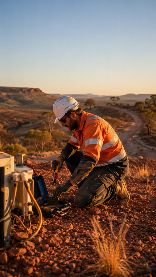 A field technician working on remote equipment at sunset