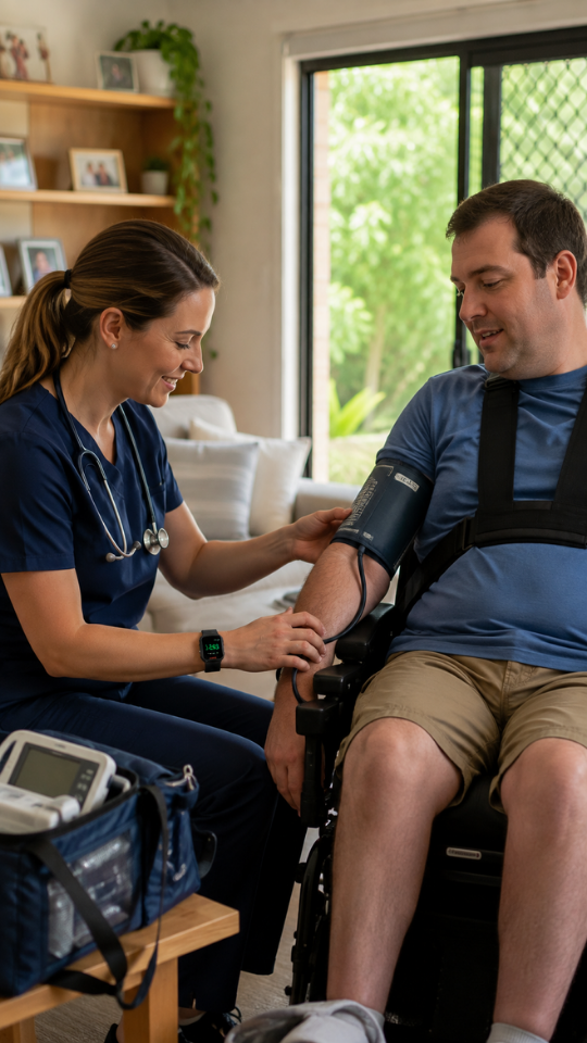 A home care nurse checking a client's blood pressure wearing a Guardiant Safety Watch