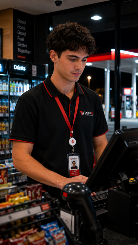 A convenience store worker on a late shift wearing a Guardiant Pendant