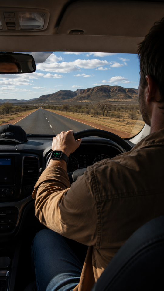 A driver checking a Guardiant Safety Watch on a remote outback road