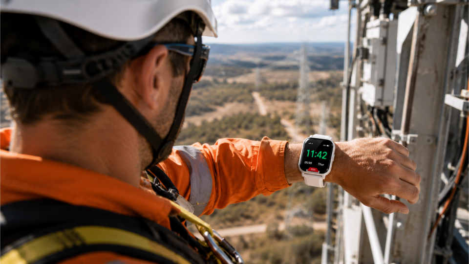 A remote worker checking a Guardiant Safety Watch at height