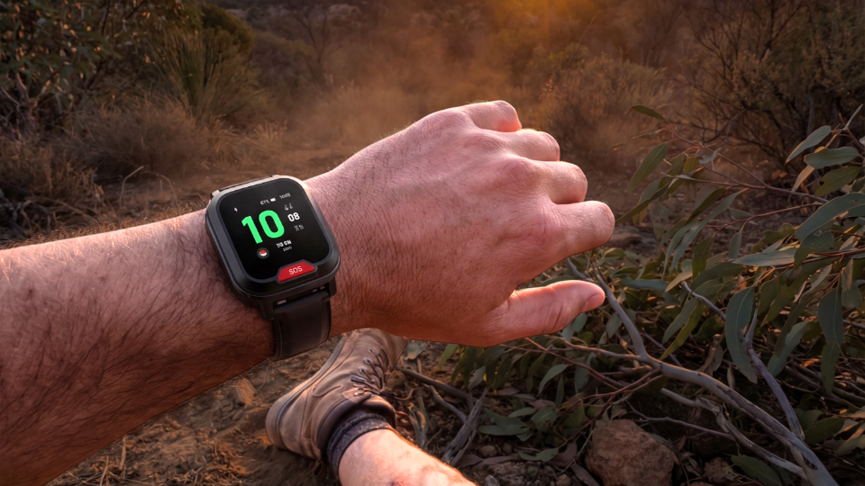 A safety watch worn while resting on a bushwalking trail