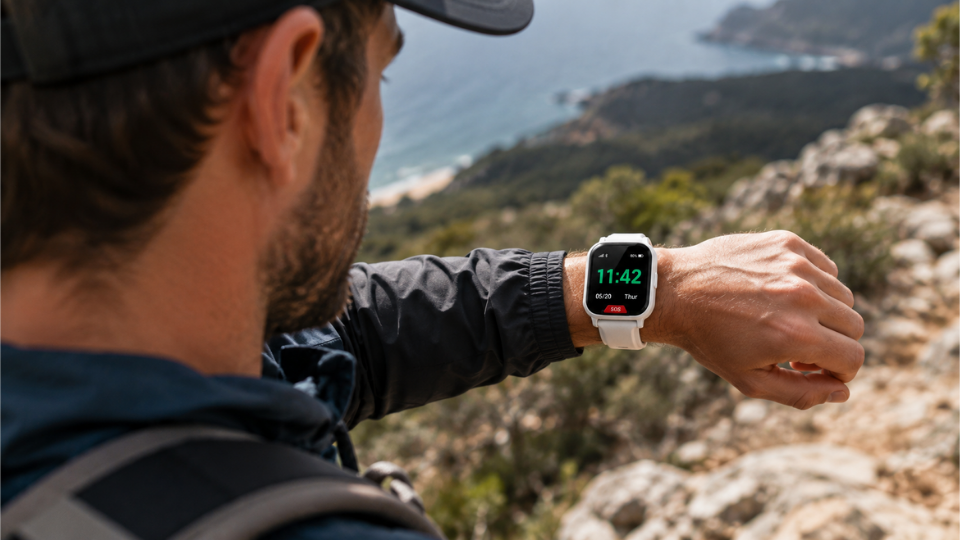 A hiker checking his safety watch on a coastal trail