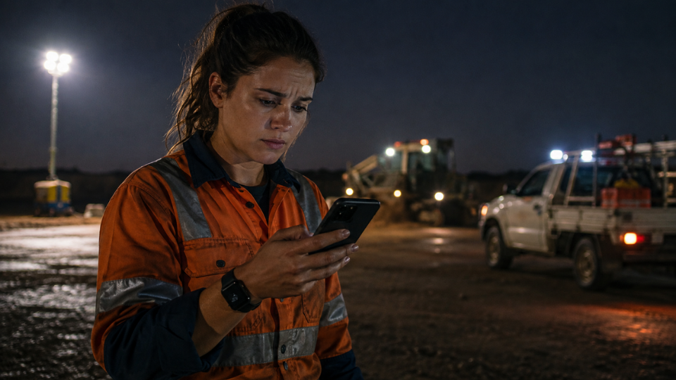 A worker checking her phone at a worksite at night