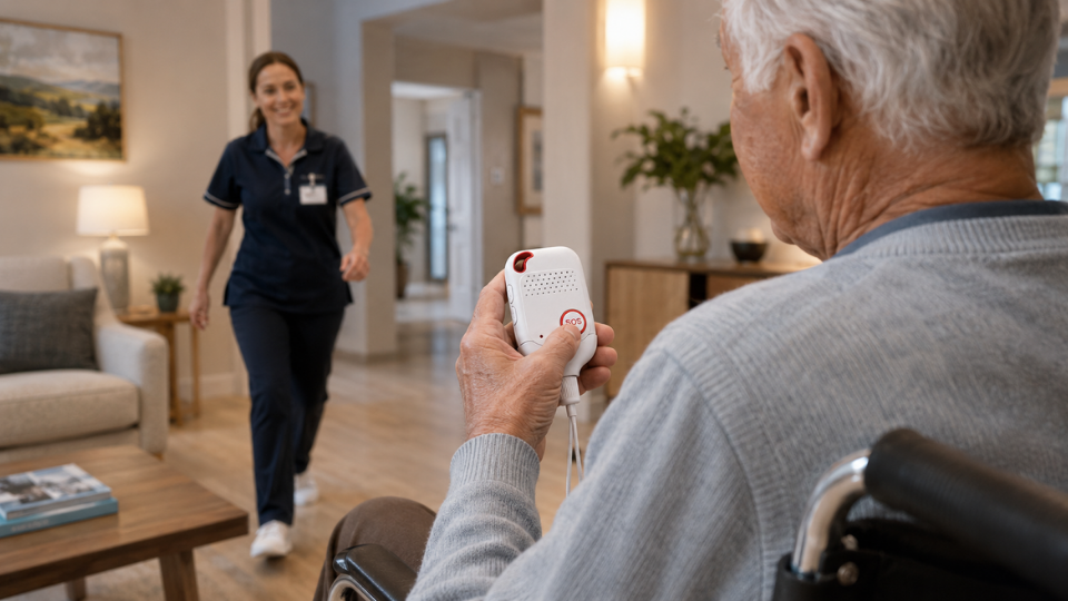 An older man holding a safety pendant as a carer approaches