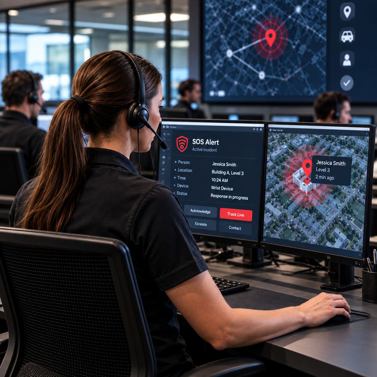 A professional monitoring operator reviewing an SOS alert and live location