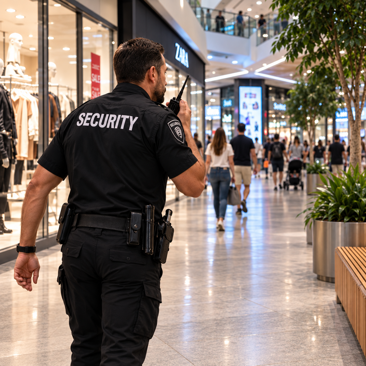 An onsite security officer responding by radio in a shopping centre