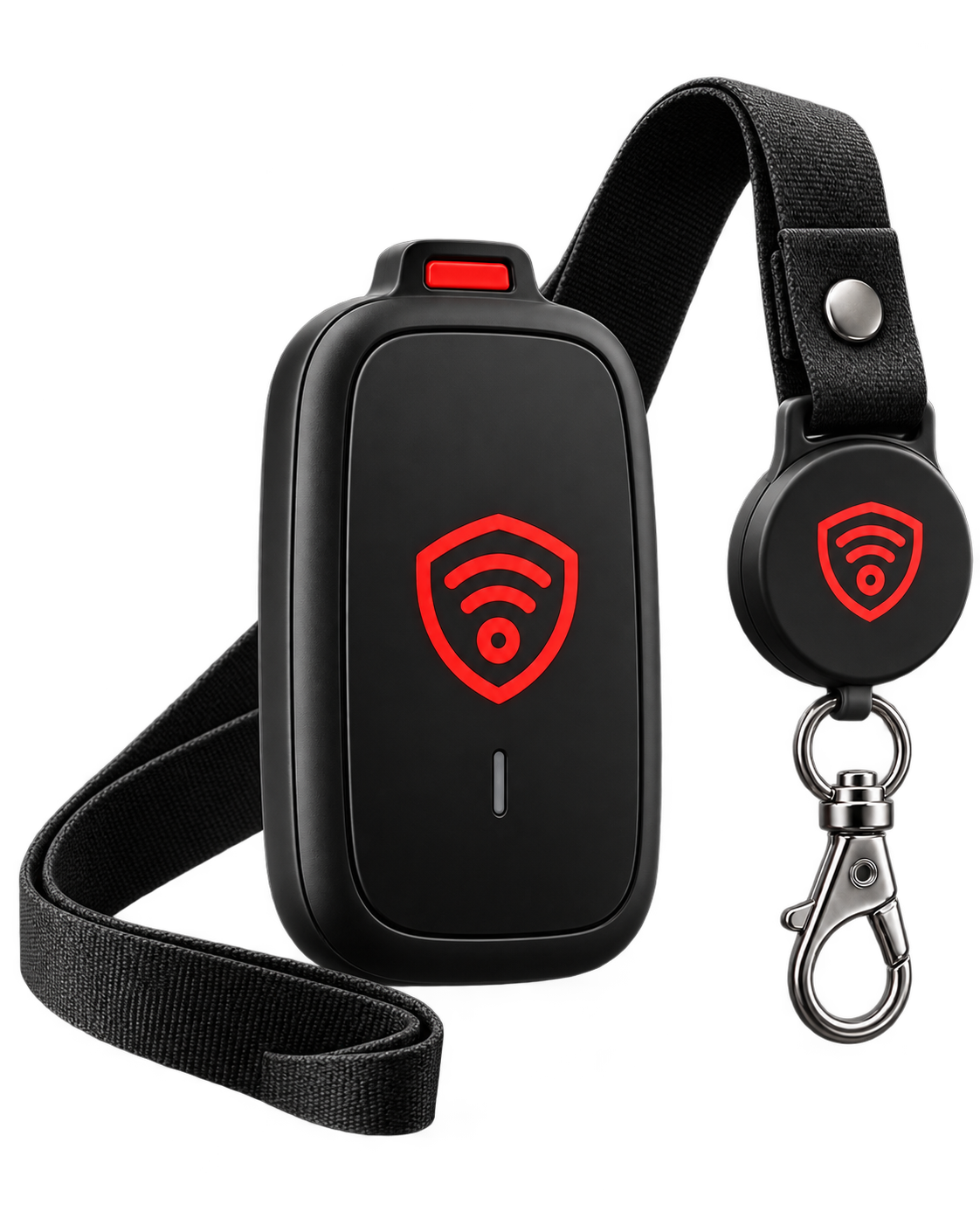 Black Guardiant Overwatch device with lanyard and activator.