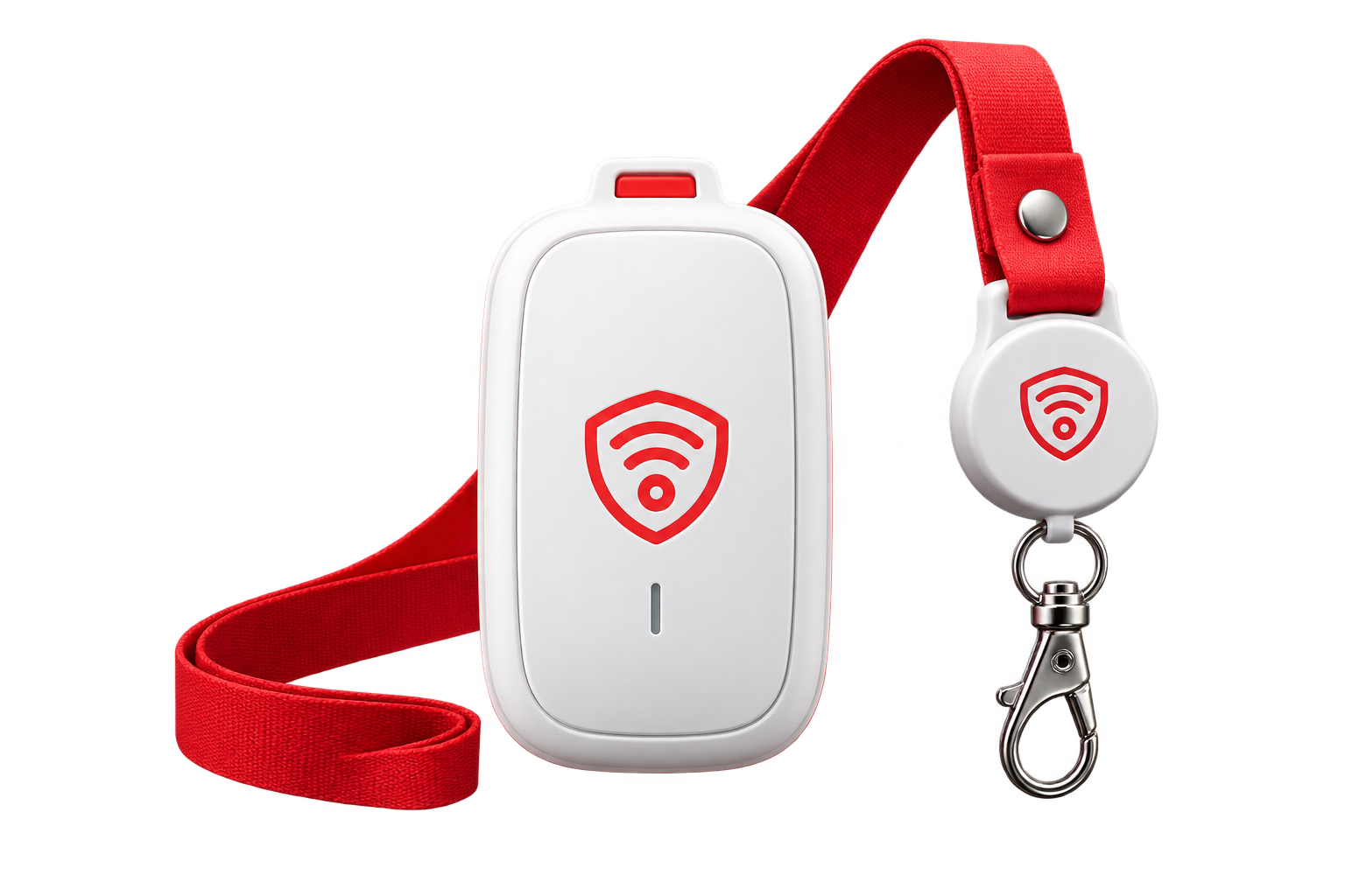 White Guardiant Overwatch device and red lanyard activator.