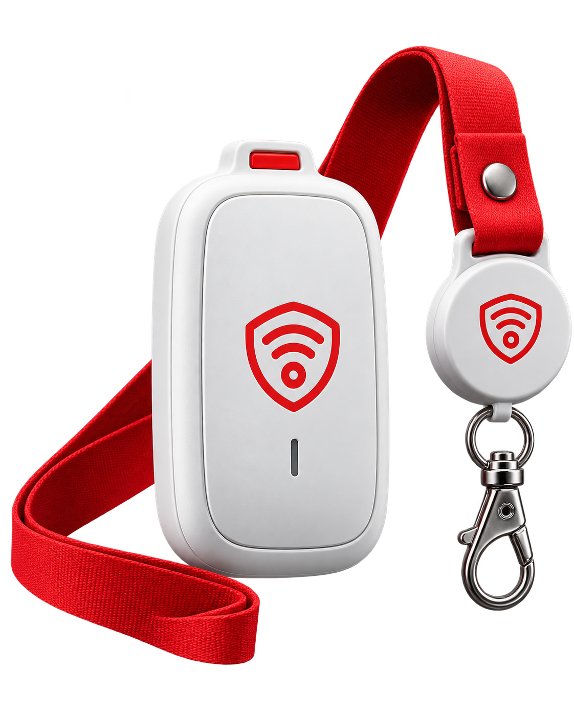 white Guardiant Overwatch device with lanyard and activator.