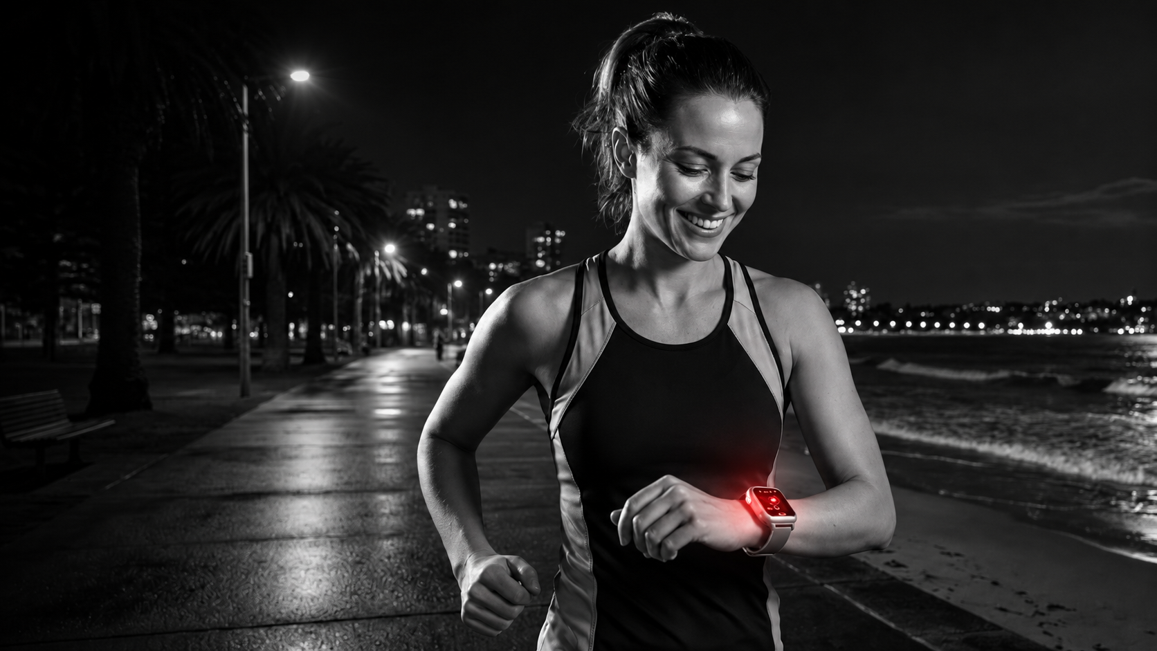 A black-and-white photo of a runner checking her Guardiant watch, highlighted in red, beside the waterfront.