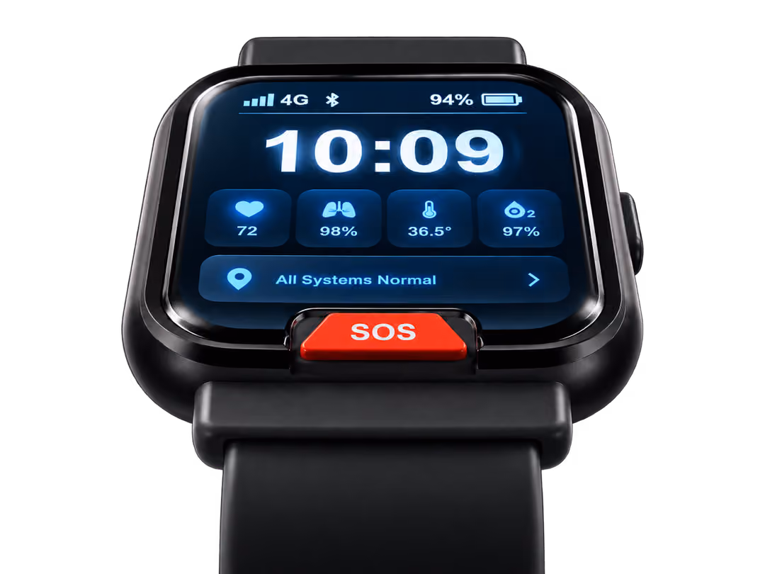 Close-up of the Guardiant Watch face and SOS control.
